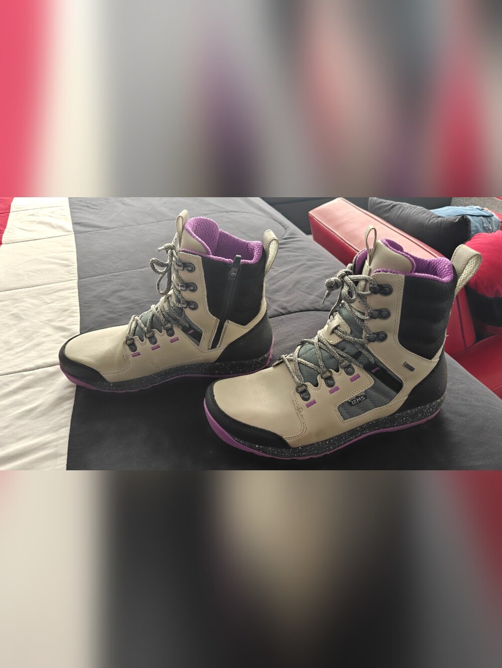 LEMS Women's Beige and Purple Lace-Up Outdoor Boots, Size 12.5
